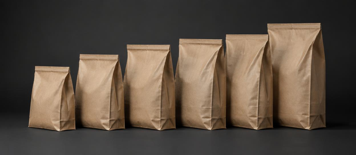 A lineup of kraft paper packaging bags